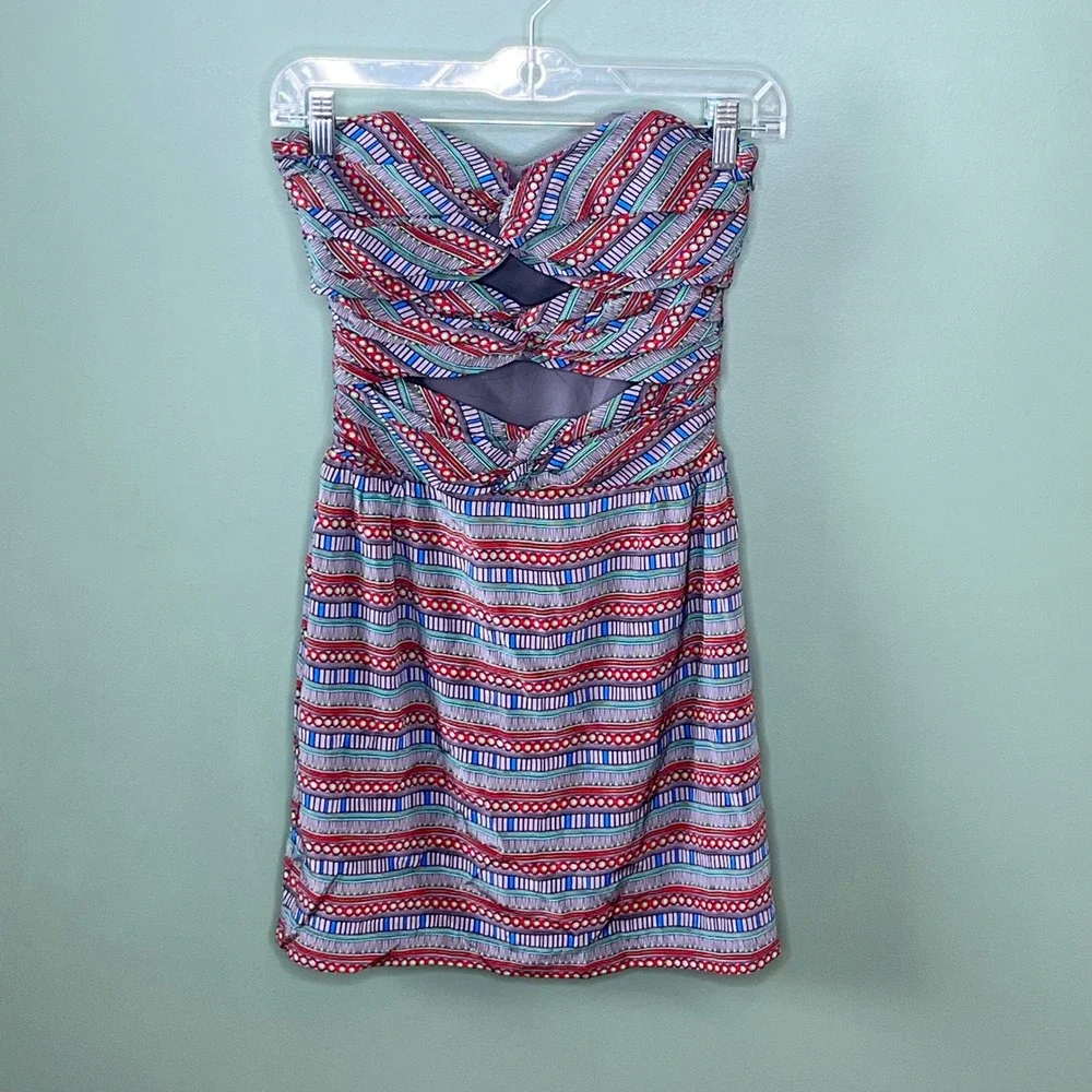 Mara Hoffman Silk Strapless Mini Dress Tribal Print Cutout Sweetheart Red Blue 0